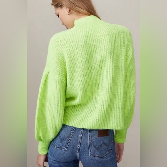 Maeve Betty Puff-Sleeved Neon Lime Green Chunky Mock Neck Sweater Size Medium - Picture 2 of 16